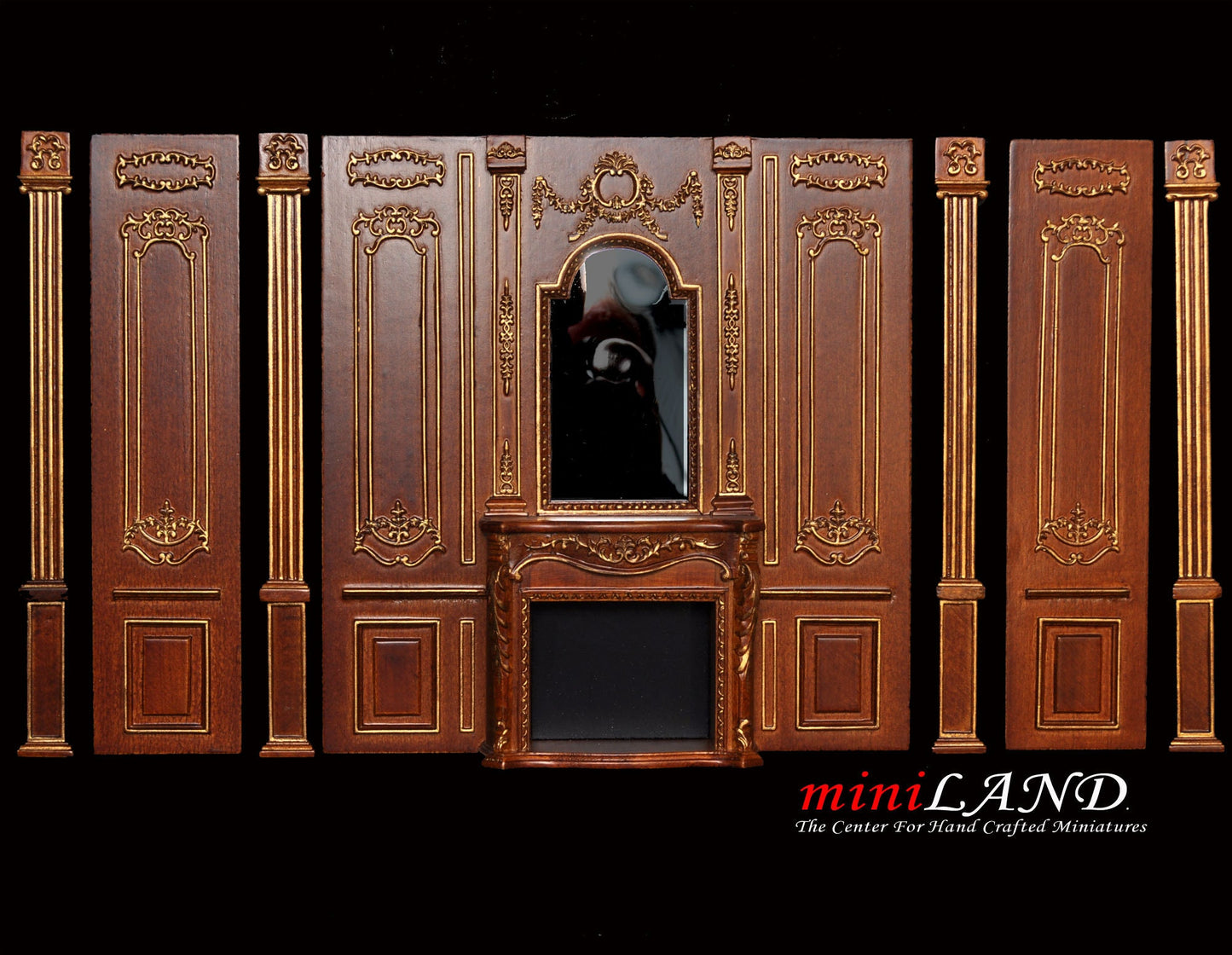 Fireplace panel - Royal Paneling line walnut with gold for 1:12 dollhouse miniature wall panel