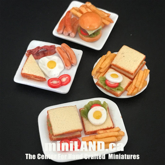 Handmade Full English Breakfast Plate Bacon Sausage bread  sandwich fries sausage Hamburger 1:12 scale dollhouse miniature food dish