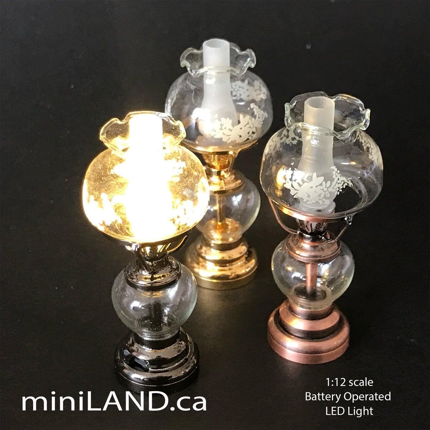 Standing oil lamp light floral glass lampshade battery operated on-off switch for 1:12 dollhouse miniature LED