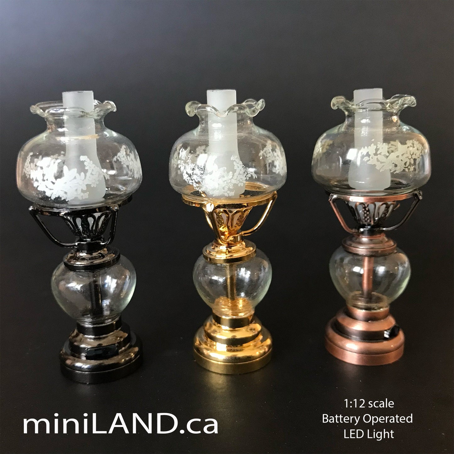 Standing oil lamp light floral glass lampshade battery operated on-off switch for 1:12 dollhouse miniature LED
