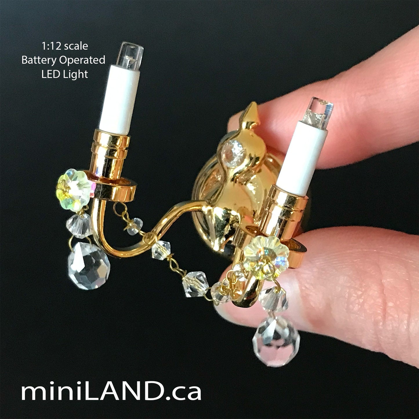 Crystal sconce candles candle regal decorated 2 arms LED LAMP Dollhouse miniature light battery on/off switch super bright