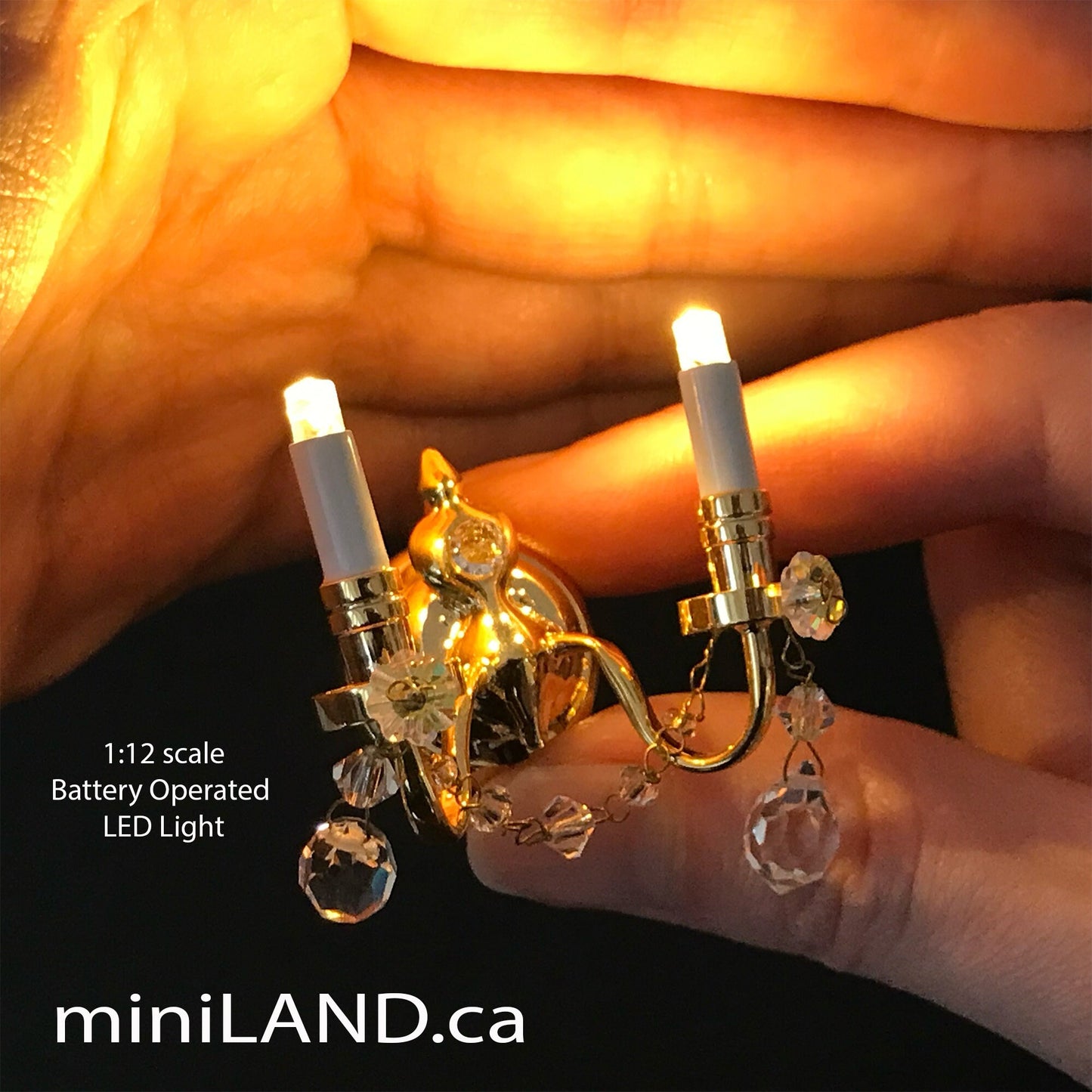 Crystal sconce candles candle regal decorated 2 arms LED LAMP Dollhouse miniature light battery on/off switch super bright