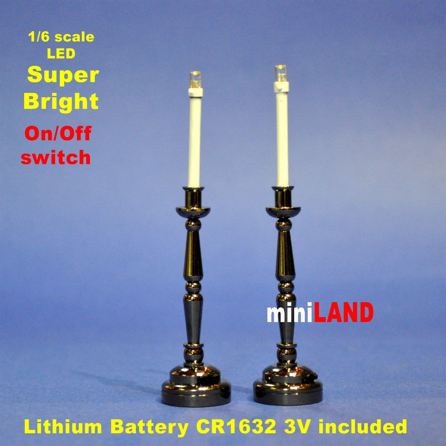Gunmetal black Candlestick lamp LED Super bright with On/off switch for 1:6 dollhouse miniature candle stick candle