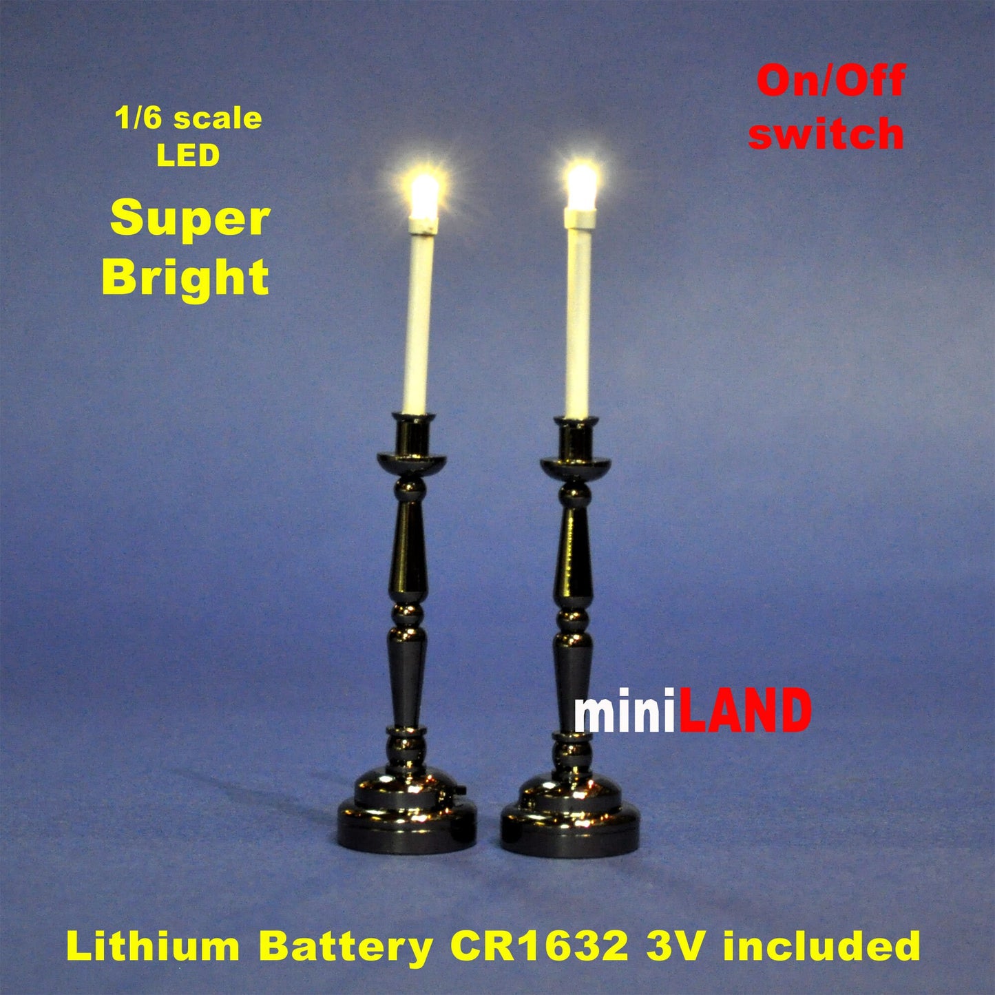 Gunmetal black Candlestick lamp LED Super bright with On/off switch for 1:6 dollhouse miniature candle stick candle
