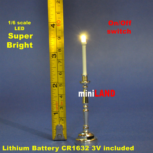Silver Candlestick lamp LED Super bright with On/off switch for 1:6 dollhouse miniature candle stick candle