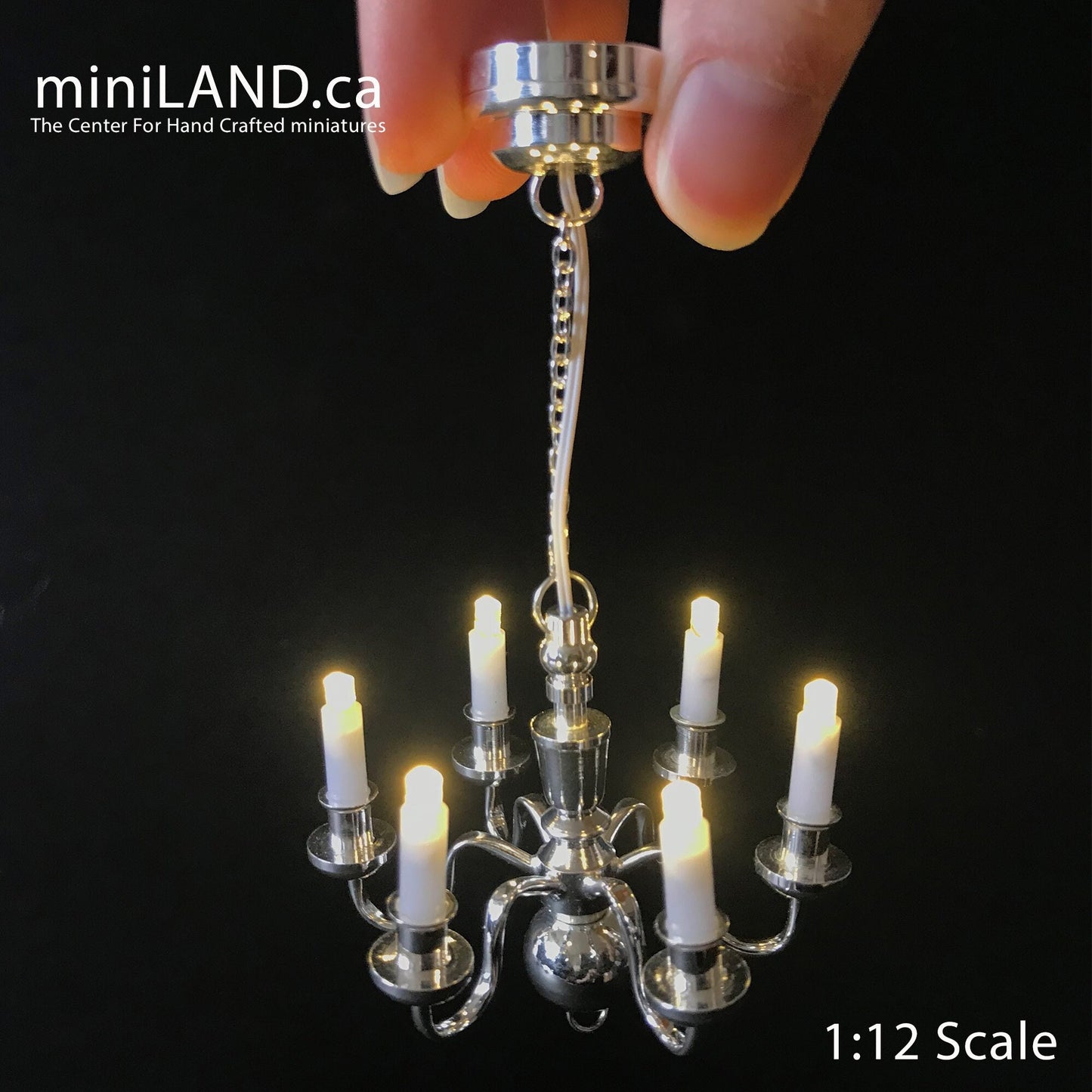 Silver Chandelier 6 arms LED LAMP Dollhouse miniature light battery on/off candles 1:12 super bright