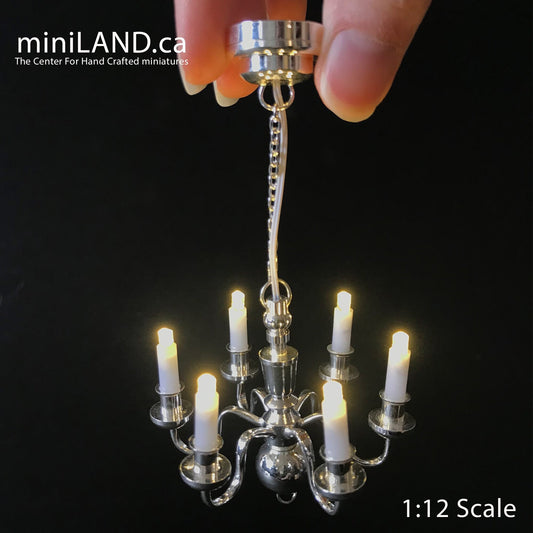 Silver Chandelier 6 arms LED LAMP Dollhouse miniature light battery on/off candles 1:12 super bright