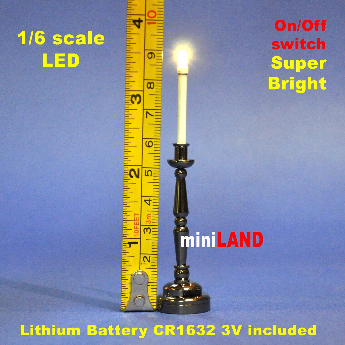 Gunmetal black Candlestick lamp LED Super bright with On/off switch for 1:6 dollhouse miniature candle stick candle