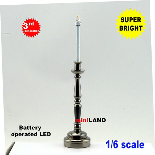 Gunmetal black Candlestick lamp LED Super bright with On/off switch for 1:6 dollhouse miniature candle stick candle