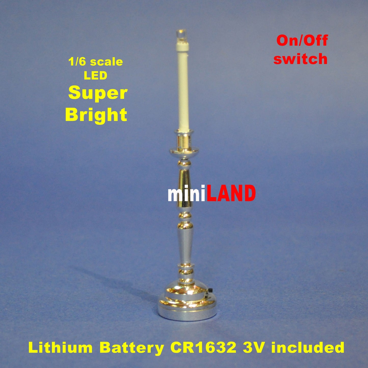 Silver Candlestick lamp LED Super bright with On/off switch for 1:6 dollhouse miniature candle stick candle