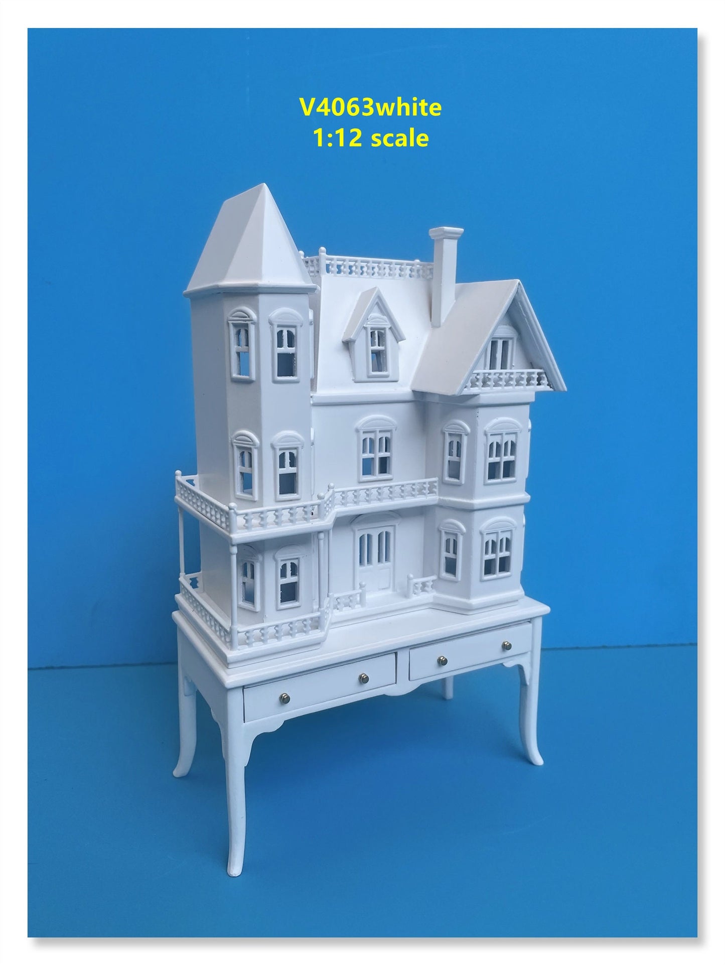 Mini Queen Anne style  Dollhouse for 1/12 dollhouse with table WHITE 1:144 miniature house for 1/12 rooms back opening V4063 WH