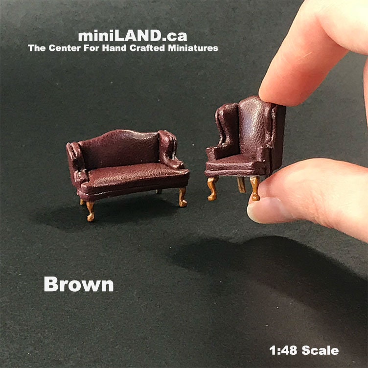 1:48 1/4" quarter scale Queen Anne Leather Sofa and wing chair set brown/red Top quality walnut for dollhouse miniature