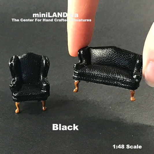 1:48 1/4" quarter scale Queen Anne Leather Sofa and wing chair set BLACK Top quality walnut for dollhouse miniature
