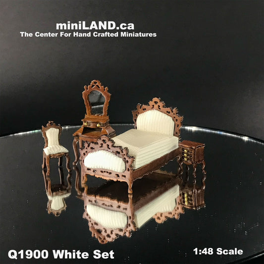 1:48 1/4" quarter scale Victorian bed room set 4pcs Top quality Walnut  dollhouse miniature dresser Q1900set White