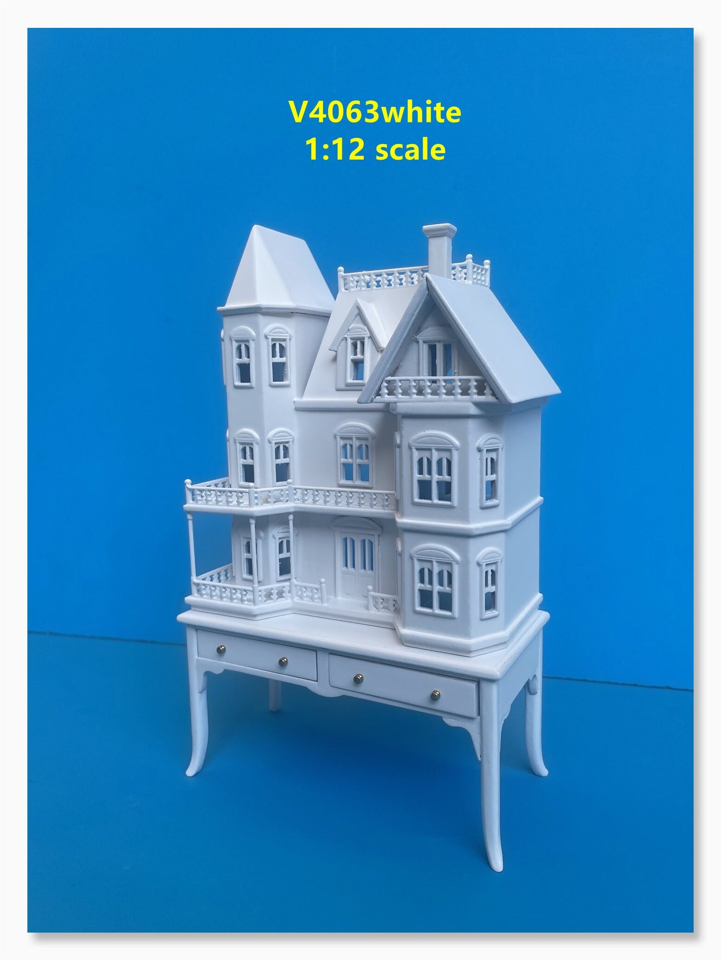 Mini Queen Anne style  Dollhouse for 1/12 dollhouse with table WHITE 1:144 miniature house for 1/12 rooms back opening V4063 WH