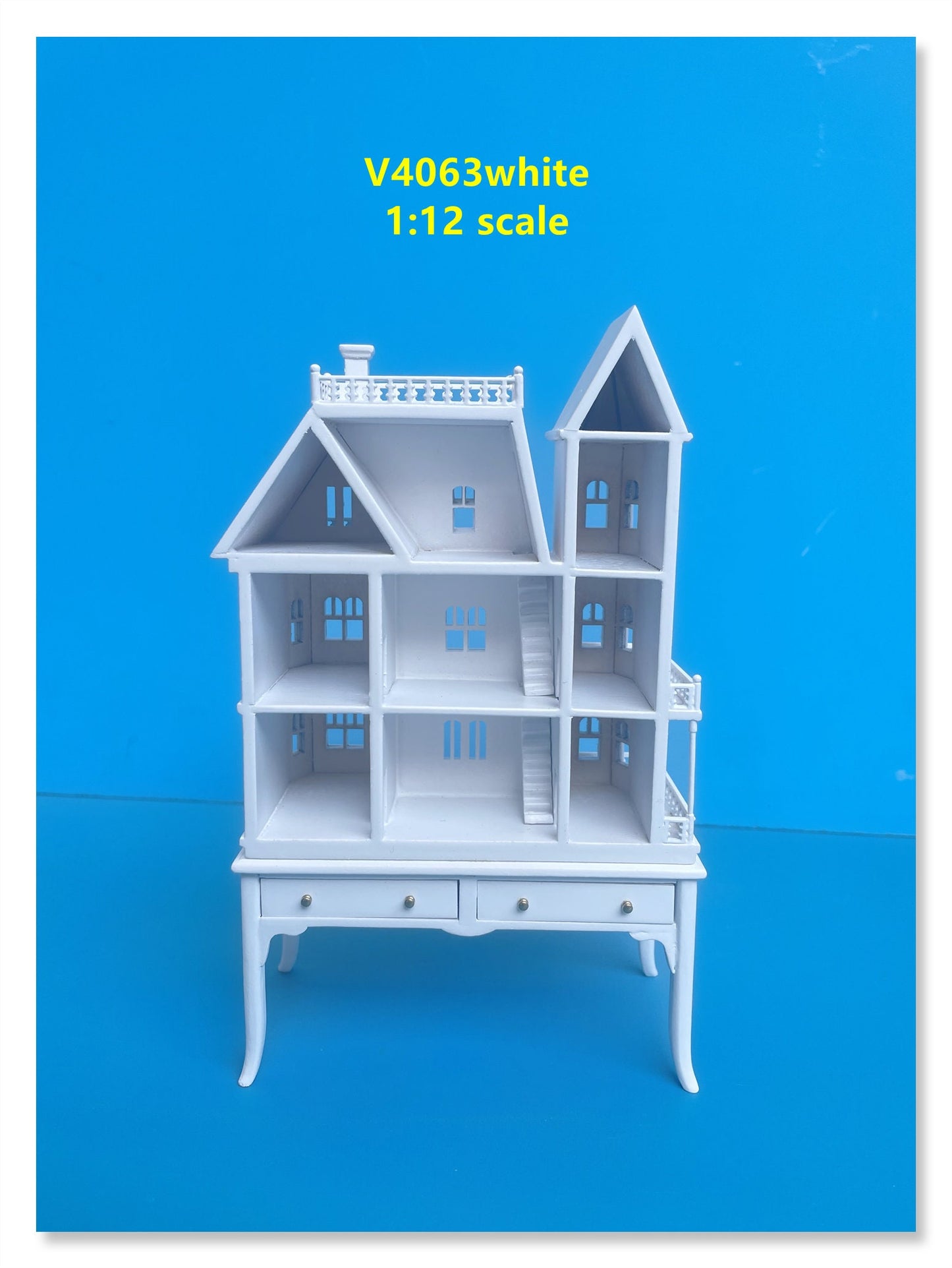Mini Queen Anne style  Dollhouse for 1/12 dollhouse with table WHITE 1:144 miniature house for 1/12 rooms back opening V4063 WH