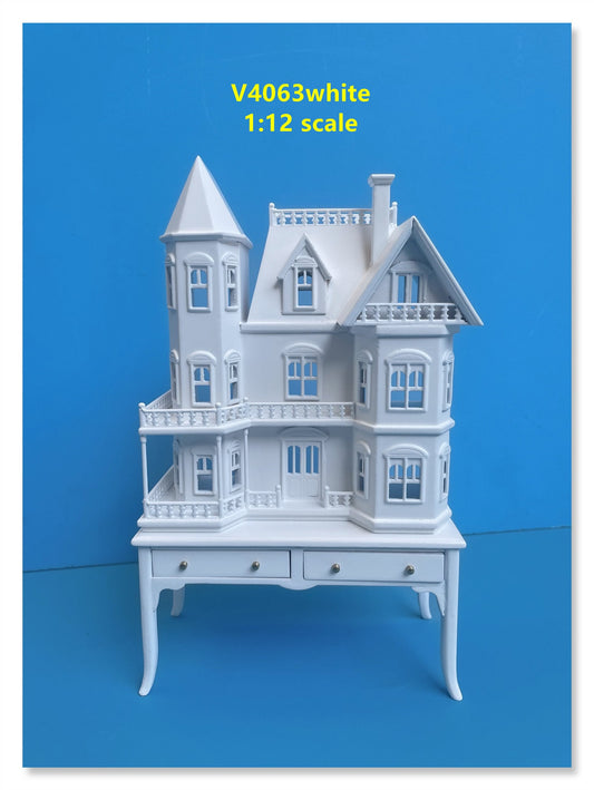 Mini Queen Anne style  Dollhouse for 1/12 dollhouse with table WHITE 1:144 miniature house for 1/12 rooms back opening V4063 WH