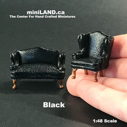 1:48 1/4" quarter scale Queen Anne Leather Sofa and wing chair set BLACK Top quality walnut for dollhouse miniature