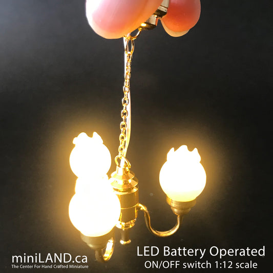 3 Arm brass frosted tulip hanging chandelier LED Super bright with on/off switch for 1:12 scale dollhouse miniatures