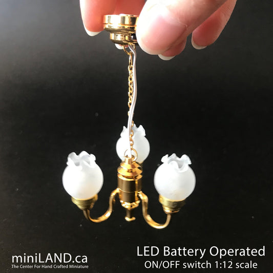 3 Arm brass frosted tulip hanging chandelier LED Super bright with on/off switch for 1:12 scale dollhouse miniatures