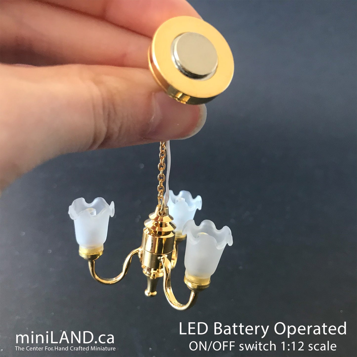3 Arm brass frosted open tulip hanging chandelier LED Super bright with on/off switch for 1:12 scale dollhouse miniatures