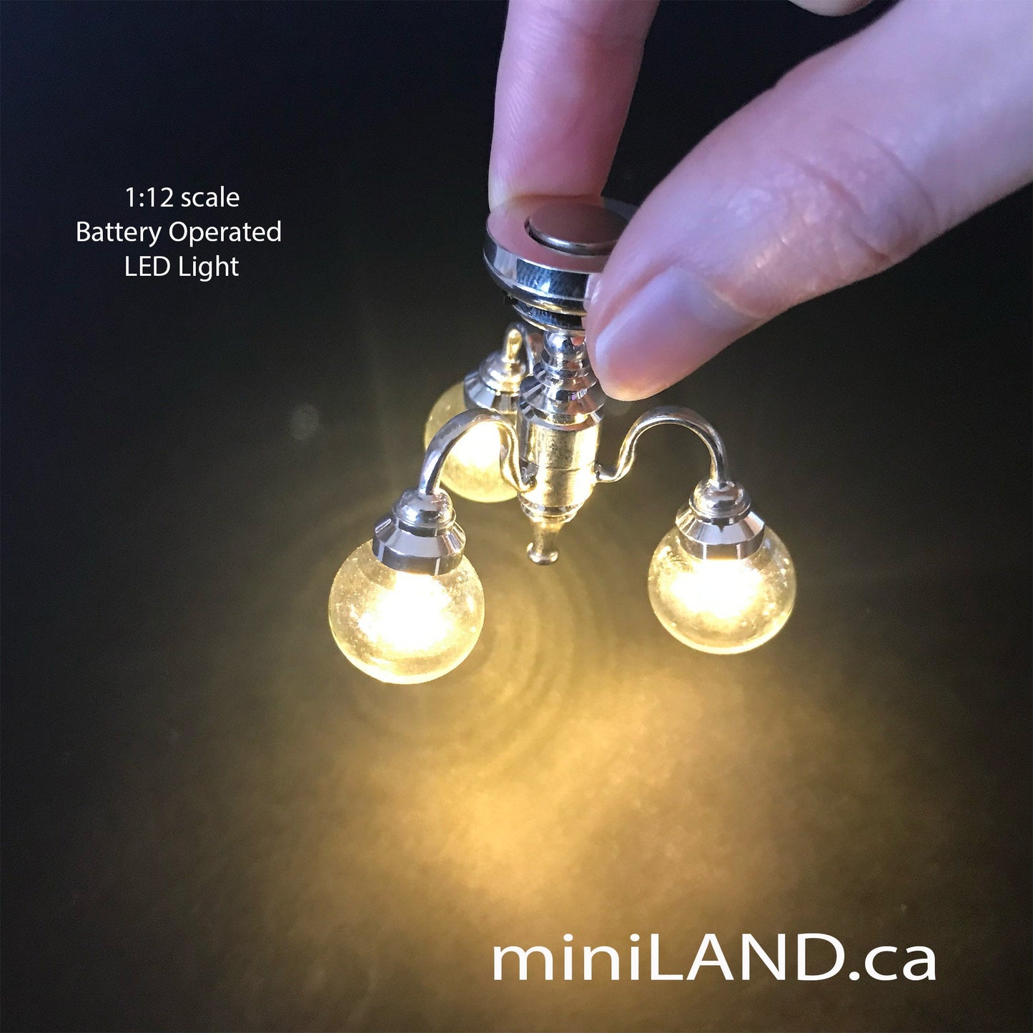 3 Arm SILVER globe clear glass ball chandelier LED Super bright with on/off switch for 1:12 scale dollhouse miniatures