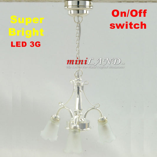 3 Arm SILVER frosted glass tulip chandelier LED Super bright with on/off switch for 1:12 scale dollhouse miniatures hanging