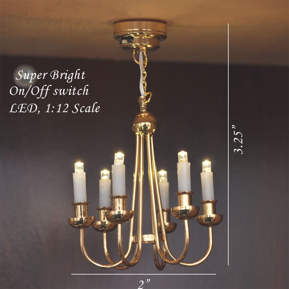 Colonial Brass chandelier 6 arms LED LAMP Dollhouse miniature light with battery and on/off  switch 1:12 scale