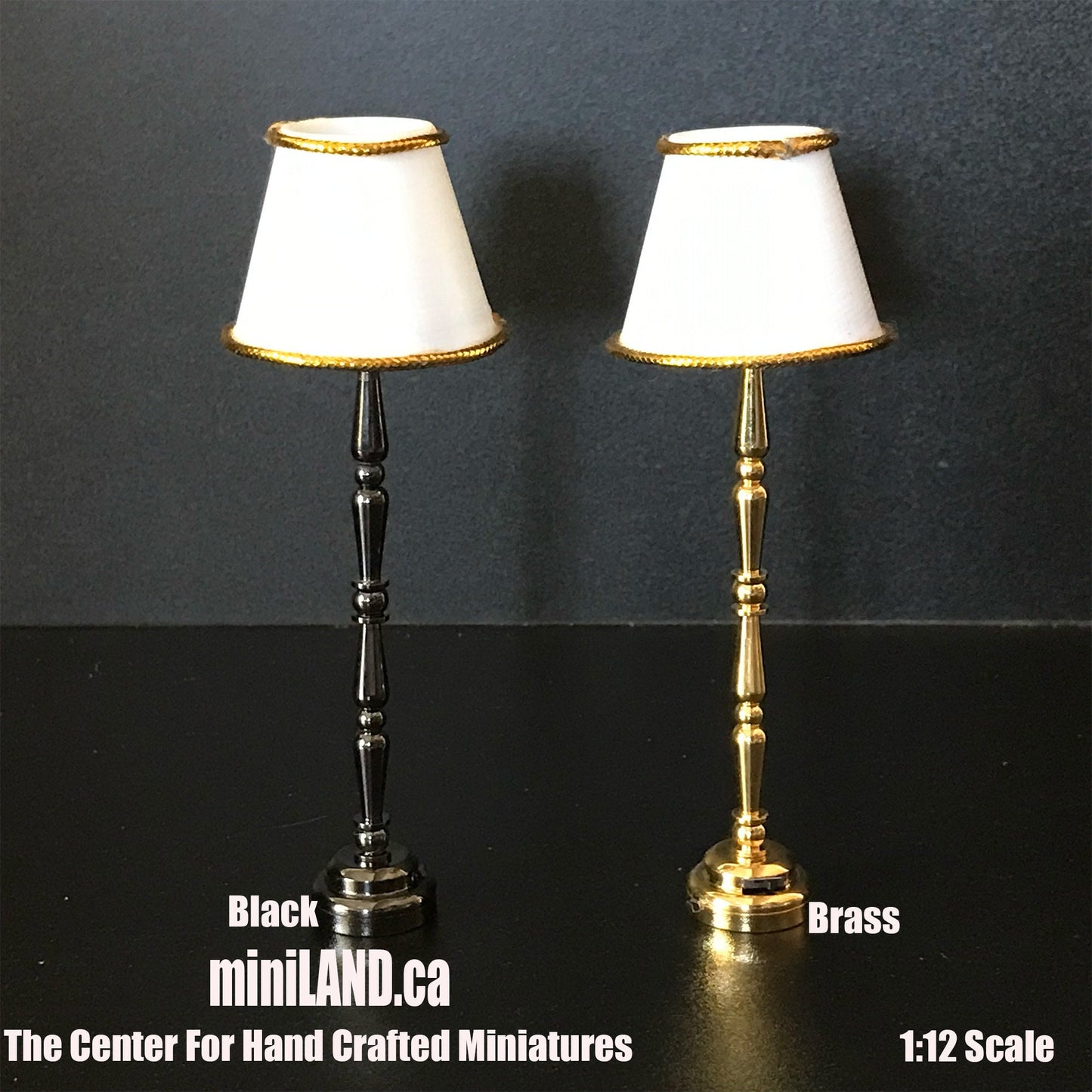 Classic Floor light Brass /black LED Super bright standing lamp with white/gold shade with on/off switch for 1:12 scale dollhouse miniatures