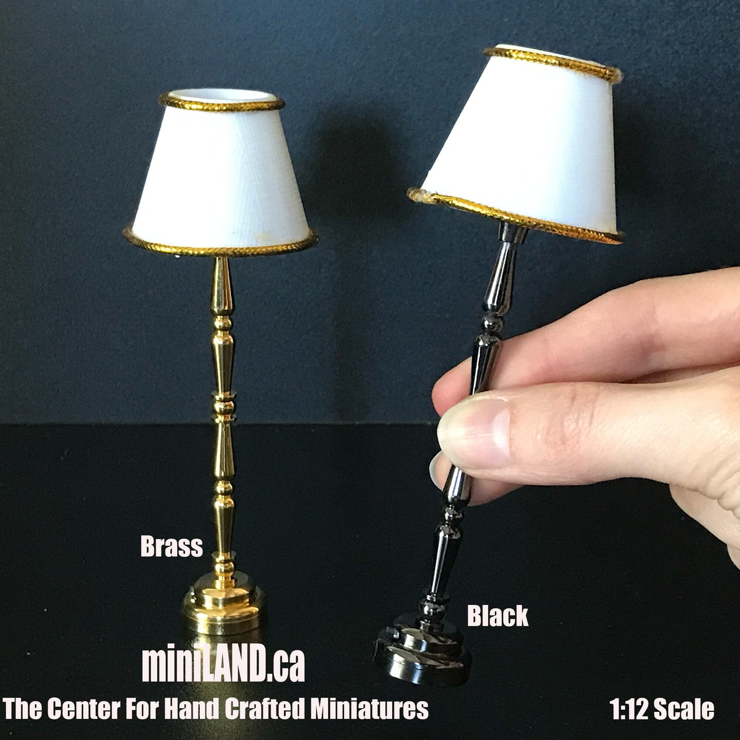 Classic Floor light Brass /black LED Super bright standing lamp with white/gold shade with on/off switch for 1:12 scale dollhouse miniatures