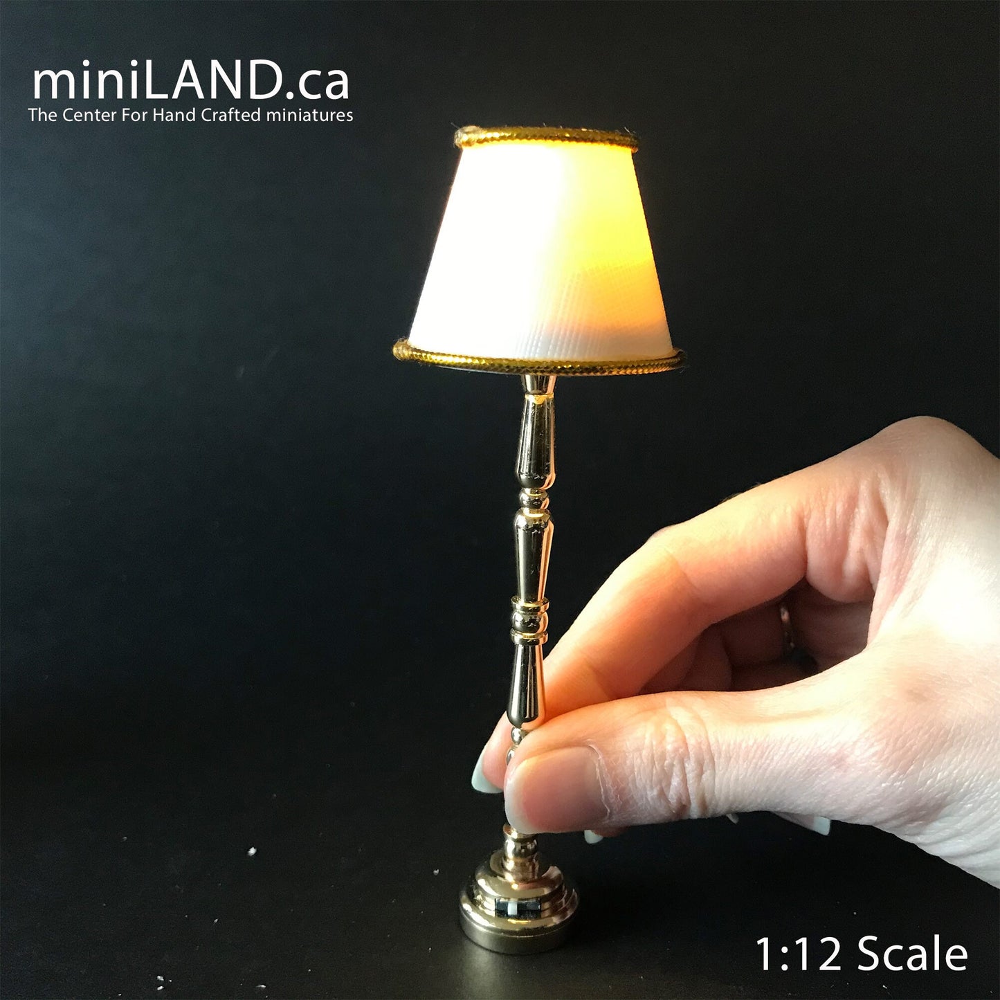 Classic Floor light Brass /black LED Super bright standing lamp with white/gold shade with on/off switch for 1:12 scale dollhouse miniatures