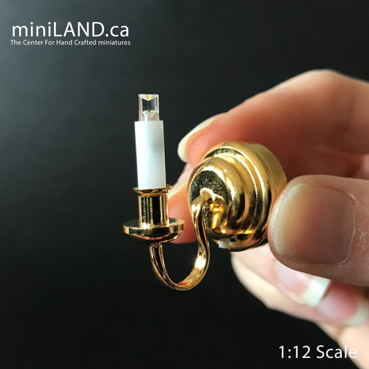 BRASS Single candle wall sconce candle holder LED super bright light with on/off switch for 1:12 scale dollhouse miniatures
