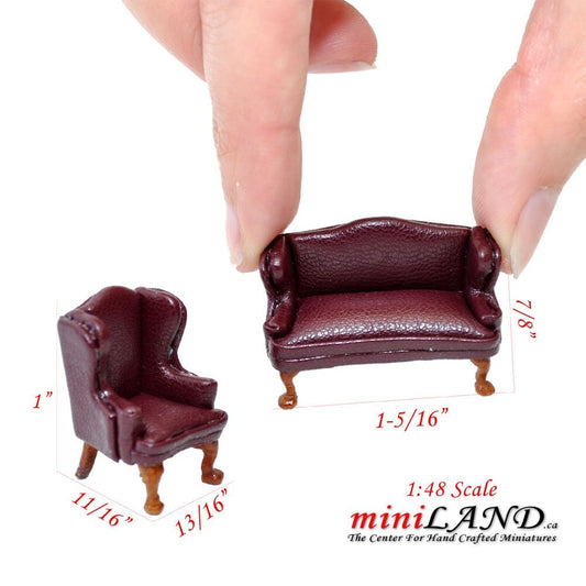 1:48 1/4" quarter scale Queen Anne Leather Sofa and wing chair set brown/red Top quality walnut for dollhouse miniature