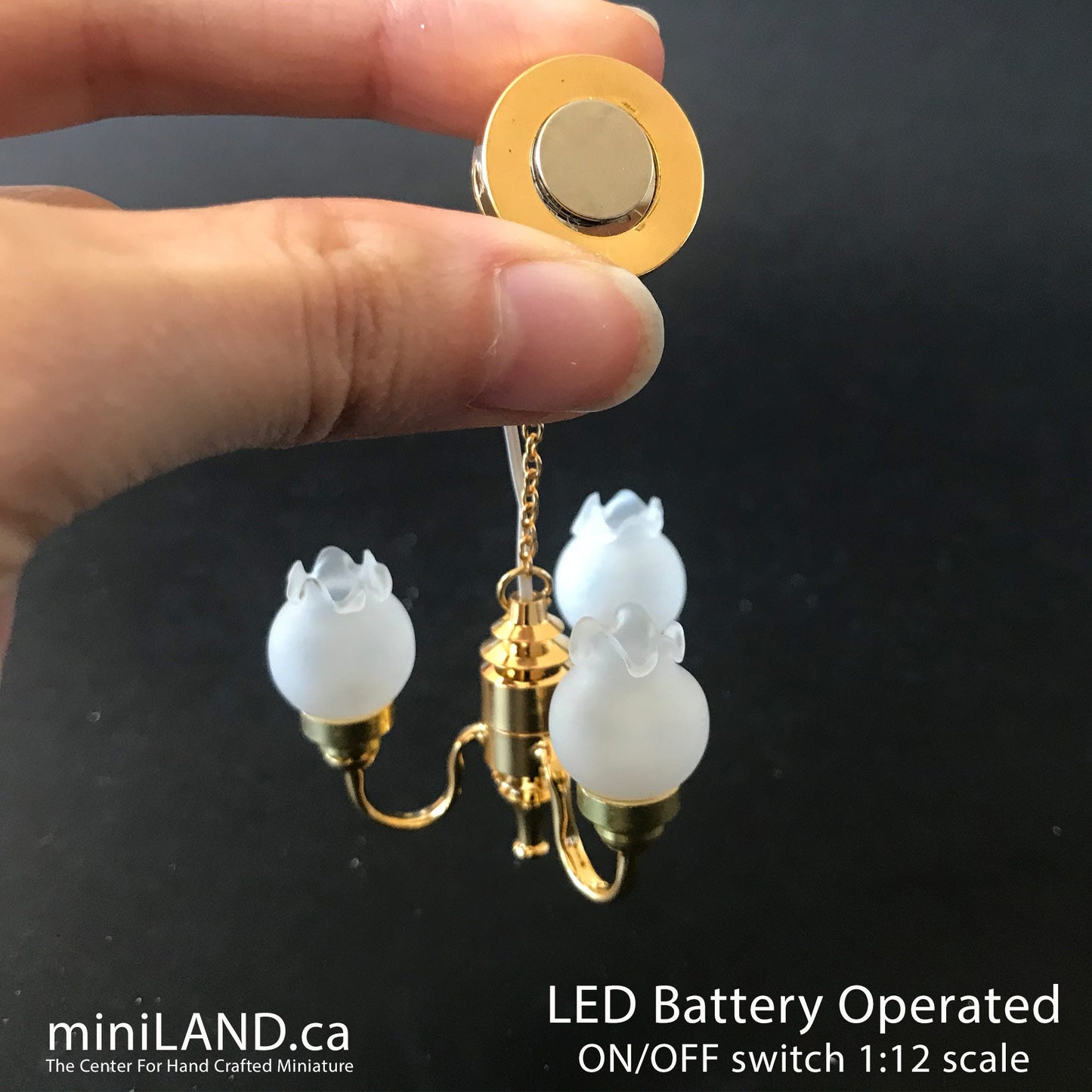3 Arm brass frosted tulip hanging chandelier LED Super bright with on/off switch for 1:12 scale dollhouse miniatures