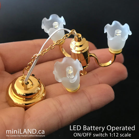 3 Arm brass frosted open tulip hanging chandelier LED Super bright with on/off switch for 1:12 scale dollhouse miniatures
