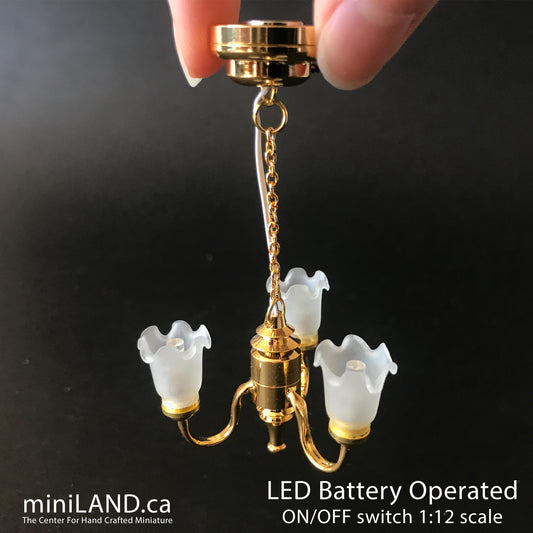 3 Arm brass frosted open tulip hanging chandelier LED Super bright with on/off switch for 1:12 scale dollhouse miniatures