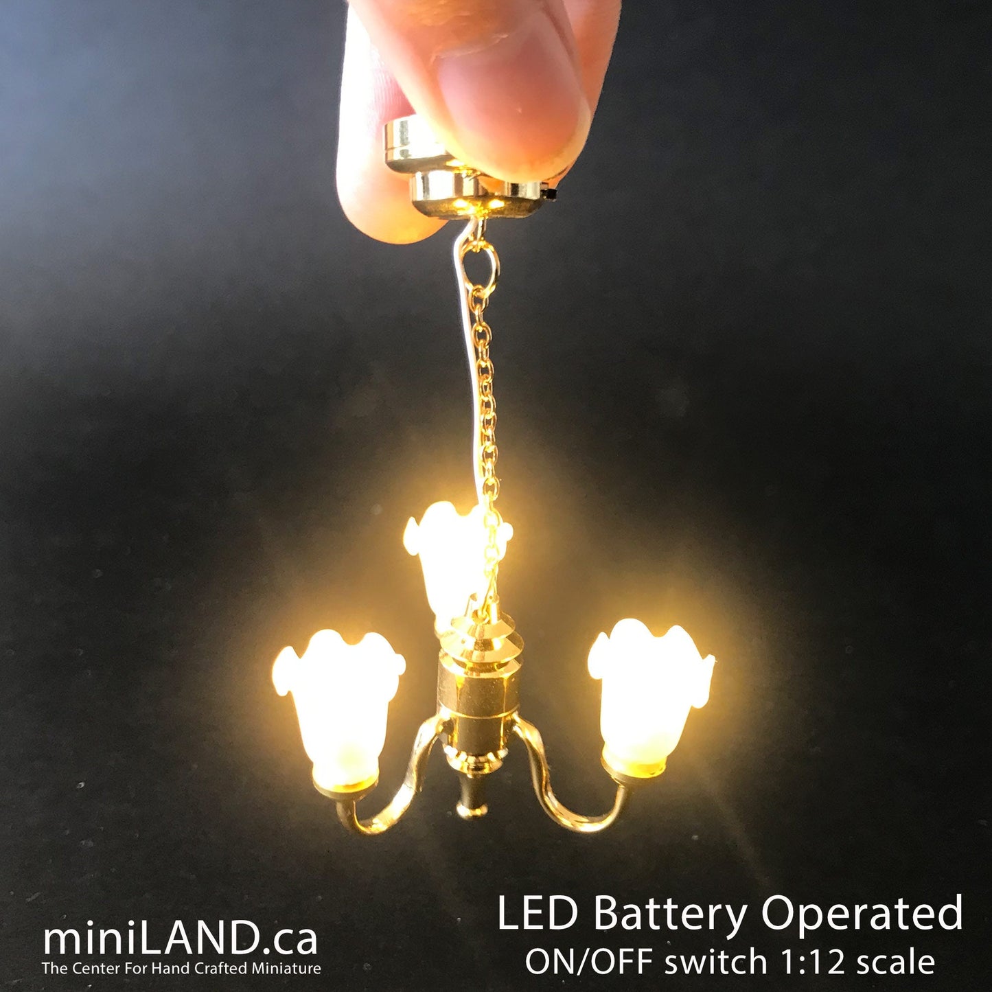 3 Arm brass frosted open tulip hanging chandelier LED Super bright with on/off switch for 1:12 scale dollhouse miniatures