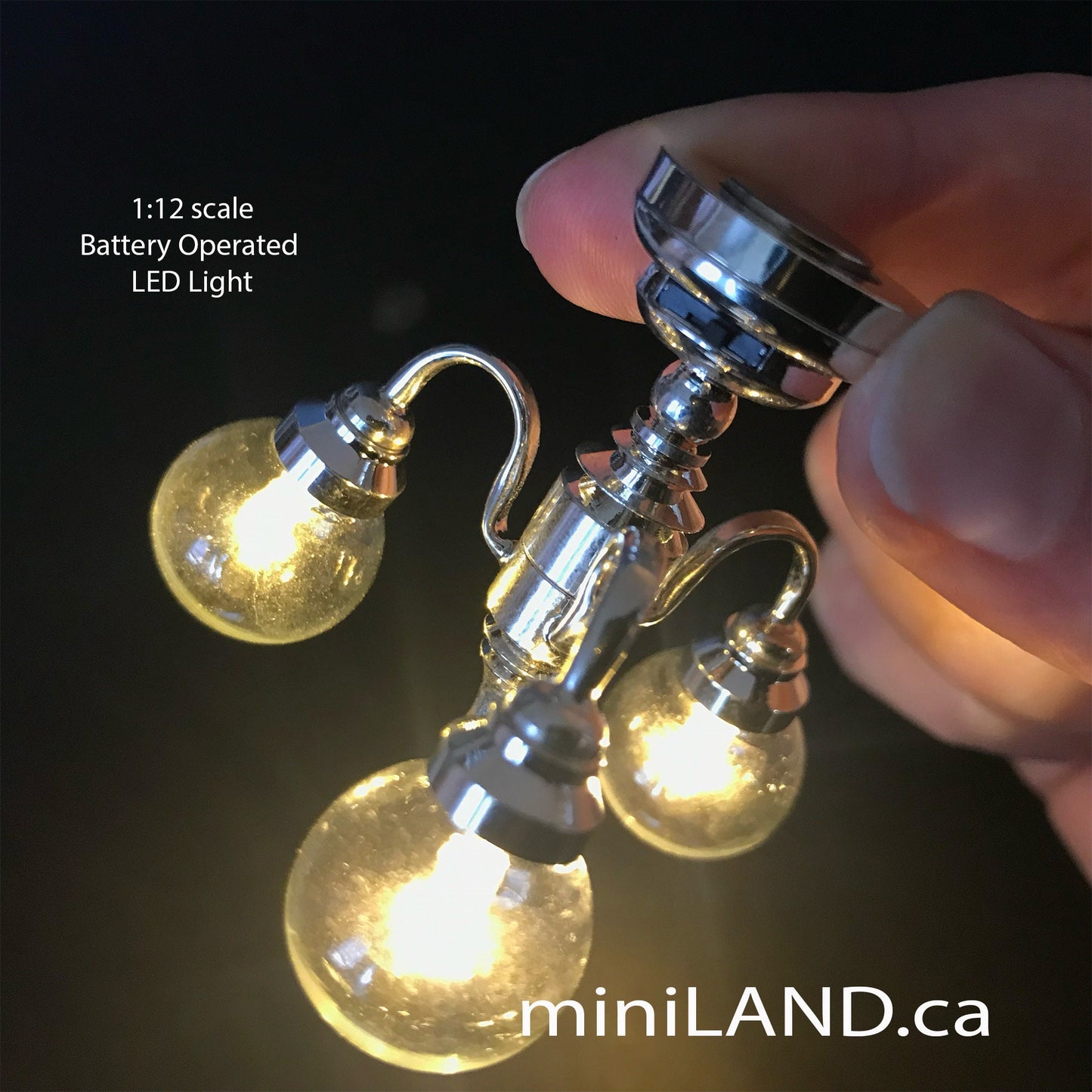 3 Arm SILVER globe clear glass ball chandelier LED Super bright with on/off switch for 1:12 scale dollhouse miniatures