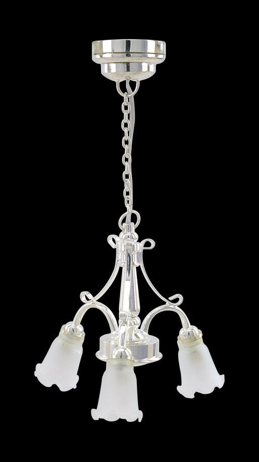 3 Arm SILVER frosted glass tulip chandelier LED Super bright with on/off switch for 1:12 scale dollhouse miniatures hanging