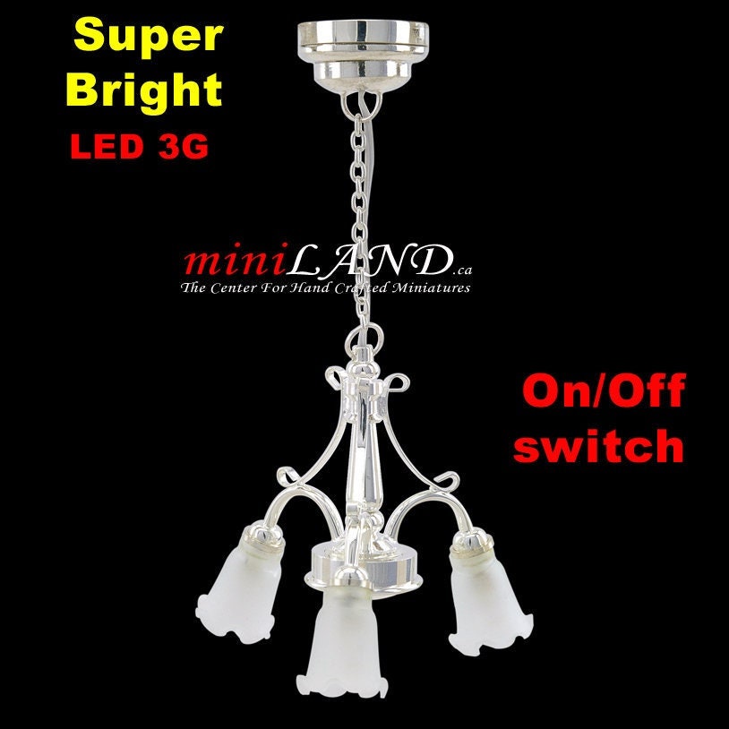 3 Arm SILVER frosted glass tulip chandelier LED Super bright with on/off switch for 1:12 scale dollhouse miniatures hanging