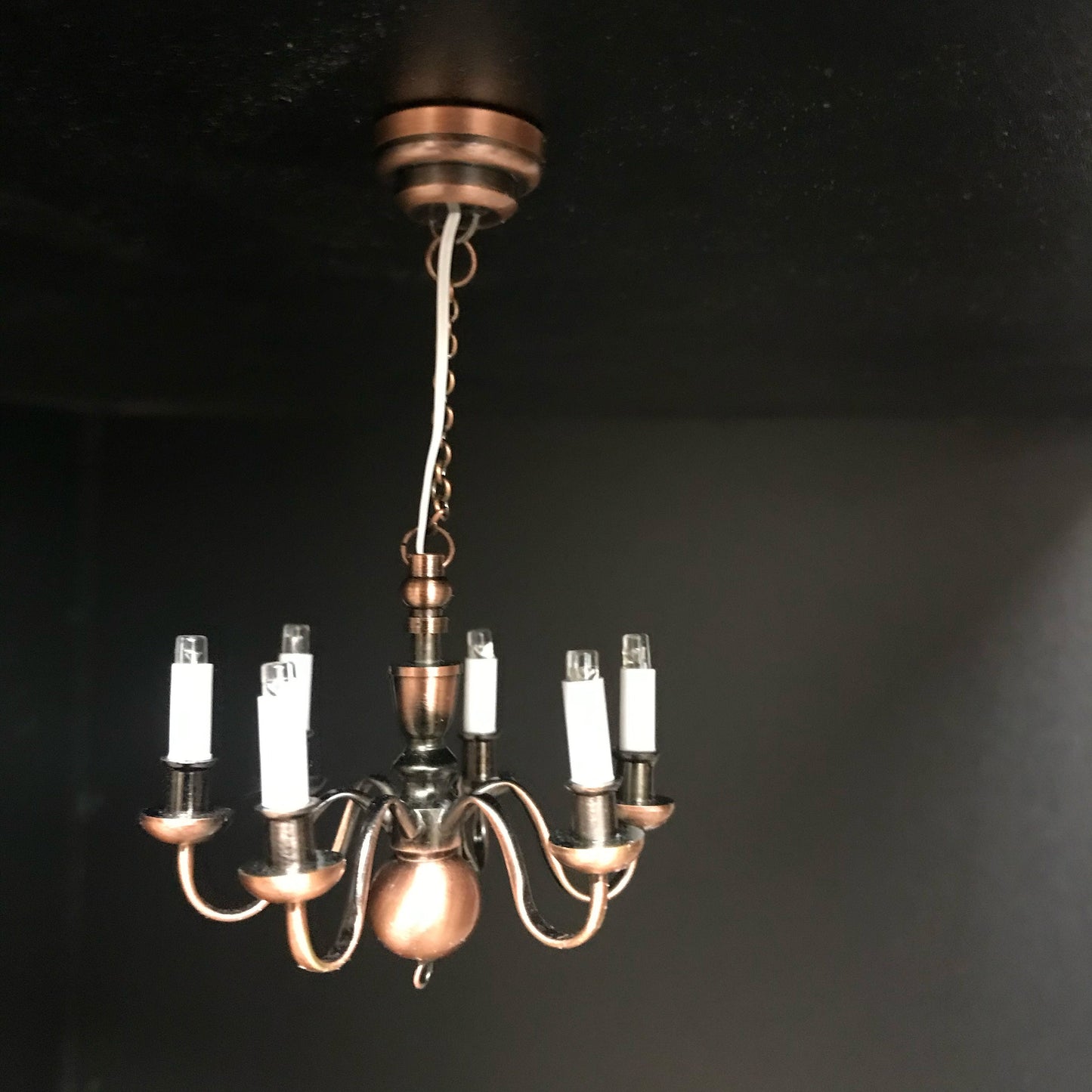 Copper Chandelier 6 arms LED LAMP Dollhouse miniature light battery on/off candles 1:12 super bright