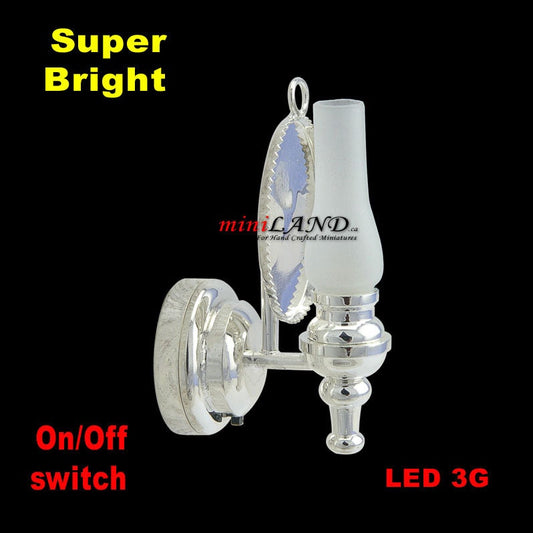 Brass frosted glass wall sconce oil lamp LED super bright light with on/off switch for 1:12 scale dollhouse miniatures