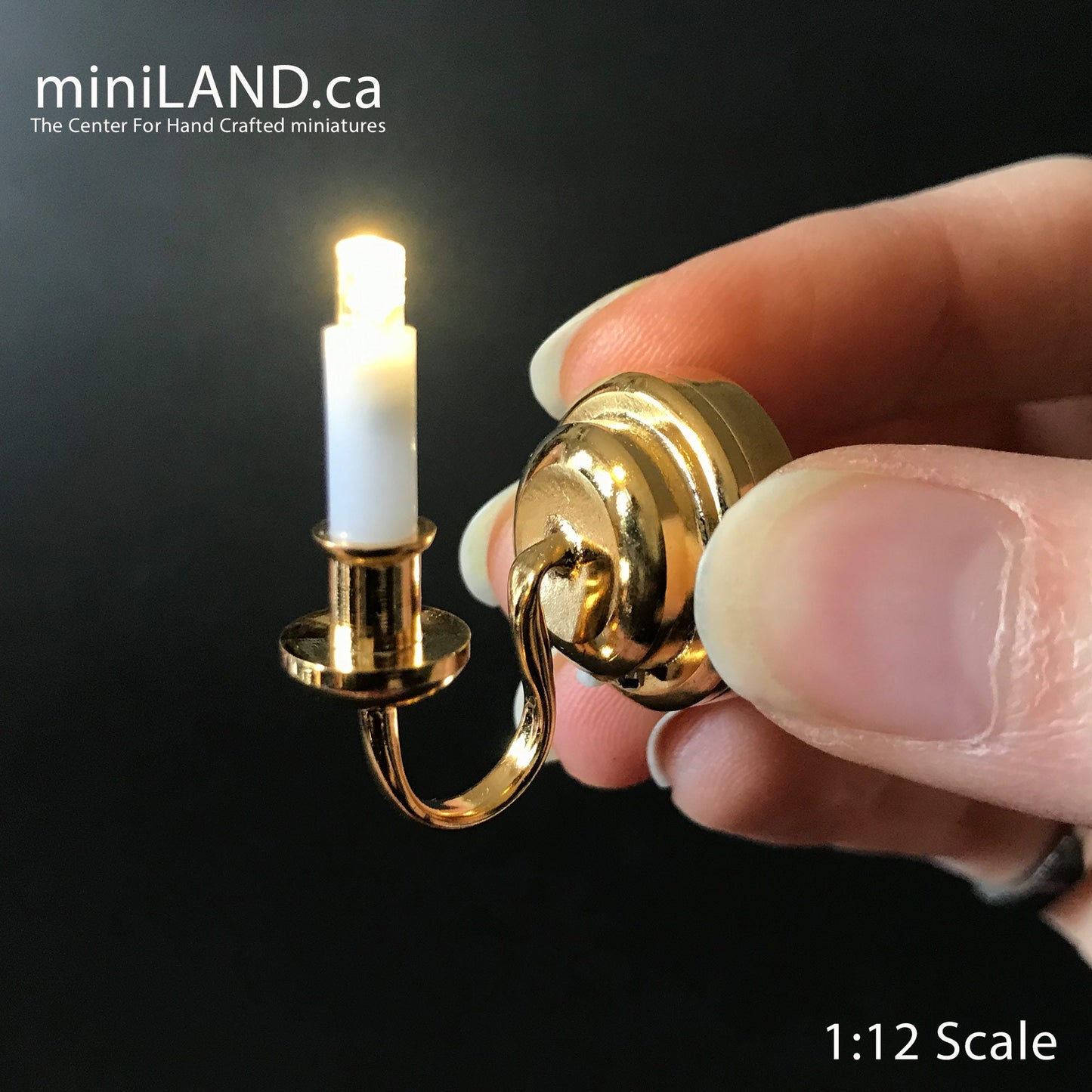 BRASS Single candle wall sconce candle holder LED super bright light with on/off switch for 1:12 scale dollhouse miniatures
