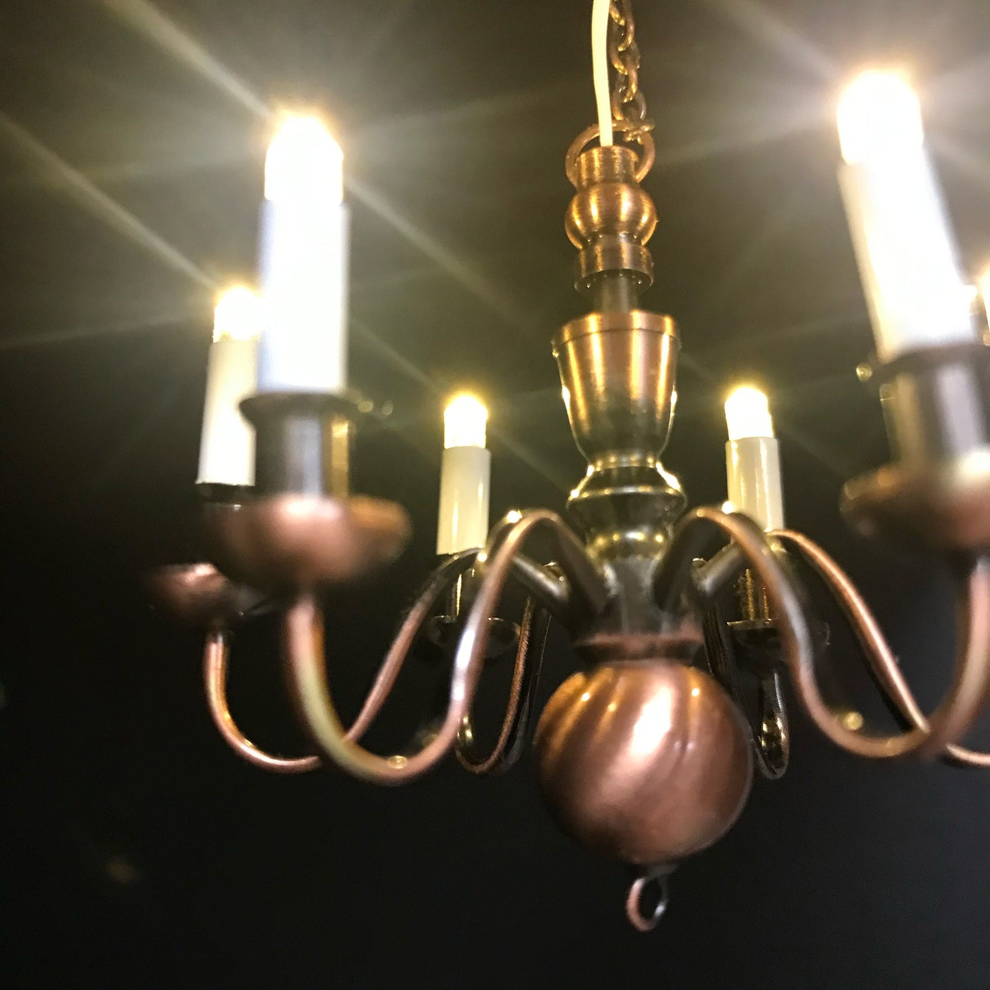 Copper Chandelier 6 arms LED LAMP Dollhouse miniature light battery on/off candles 1:12 super bright