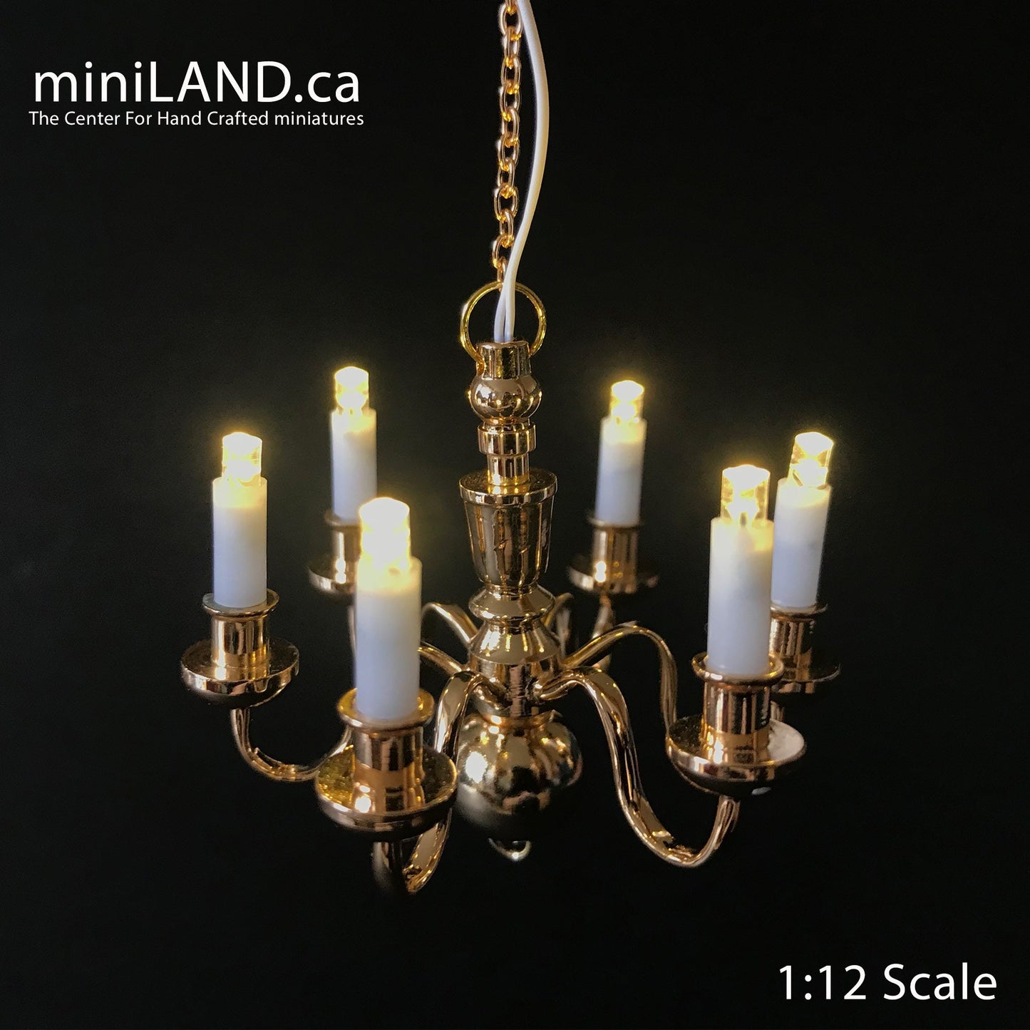 Brass Chandelier 6 arms Dollhouse miniature light  lamp Led battery on/off candles 1:12 super bright