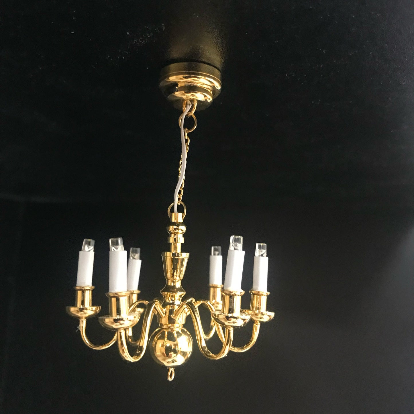 Brass Chandelier 6 arms Dollhouse miniature light  lamp Led battery on/off candles 1:12 super bright