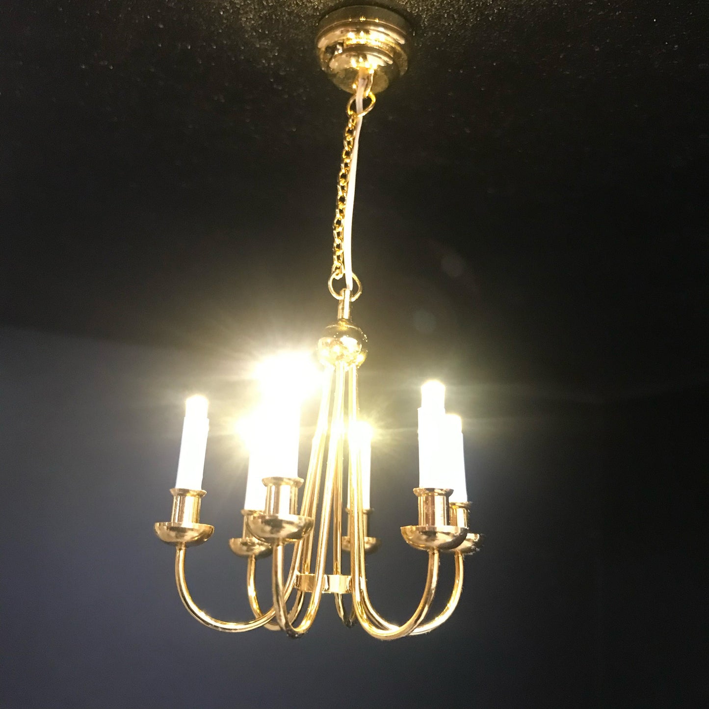 Colonial Brass chandelier 6 arms LED LAMP Dollhouse miniature light with battery and on/off  switch 1:12 scale