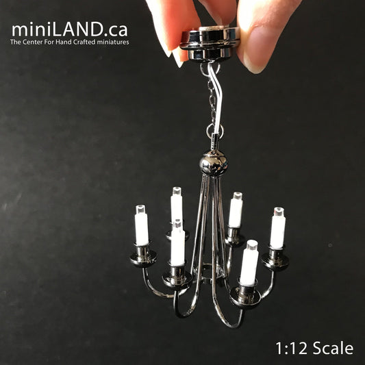 Colonial Black chandelier 6 arms LED LAMP Dollhouse miniature light with battery and on/off  switch 1:12 scale