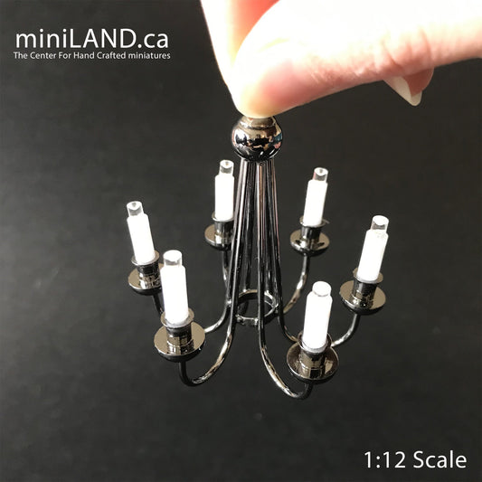 Colonial Black chandelier 6 arms LED LAMP Dollhouse miniature light with battery and on/off  switch 1:12 scale