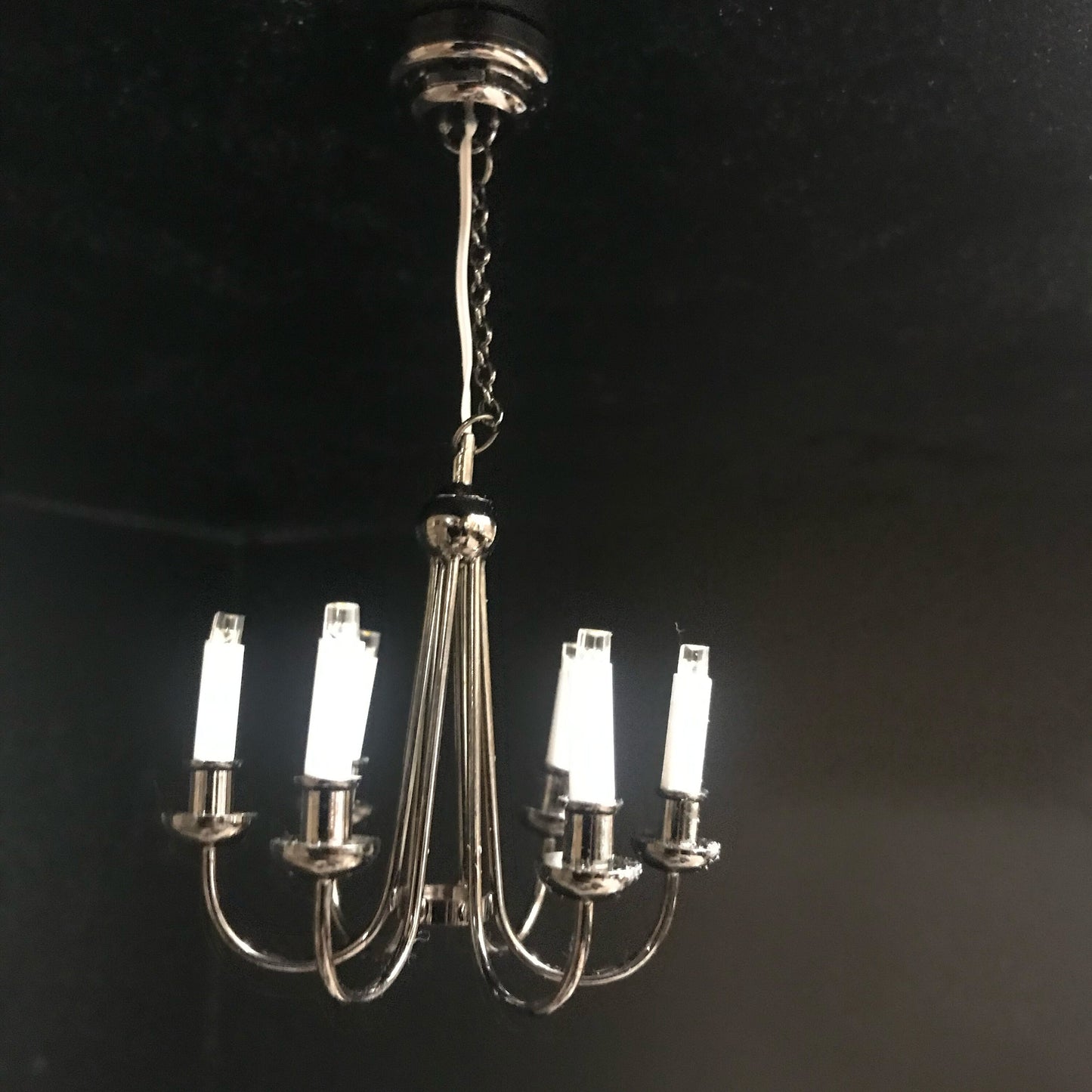 Colonial Black chandelier 6 arms LED LAMP Dollhouse miniature light with battery and on/off  switch 1:12 scale